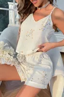 İnce Askılı Çiçekli Kadın Şort Pijama Takım Bella Notte 7533 Ekru farklı açı