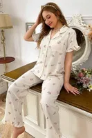 Ekru Çiçek Desenli Yakalı Pijama Takımı Bella Notte 7036 Ekru farklı açı