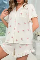 Ekru Desenli Düğmeli Şort Takım Bella Notte 7529 Ekru farklı açı