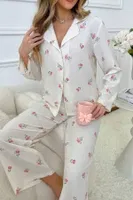 Bella Notte Ekru Desenli Düğmeli Uzun Pijama Takım 7085 Ekru detay görünüm