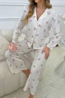 Bella Notte Ekru Desenli Düğmeli Uzun Pijama Takım 7085 Ekru farklı açı