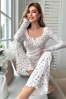 Derin Yaka Ekru Uzun Kollu Kadın Pijama Takımı Bella Notte 7020 Ekru