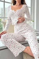 Derin Yaka Ekru Uzun Kollu Kadın Pijama Takımı Bella Notte 7020 Ekru detay görünüm