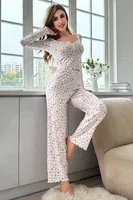 Derin Yaka Ekru Uzun Kollu Kadın Pijama Takımı Bella Notte 7020 Ekru görsel 4