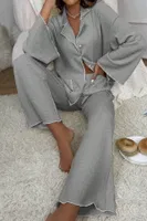 Gri Geniş Uzun Kollu Sonbahar Pijama Takım Bella Notte 7053 Gri detay görünüm