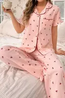 Kiraz Desenli Düğmeli Bebe Yaka Pijama Takımı Bella Notte 7035 Pembe