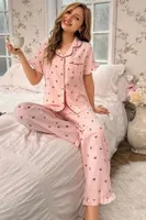Kiraz Desenli Düğmeli Bebe Yaka Pijama Takımı Bella Notte 7035 Pembe detay görünüm