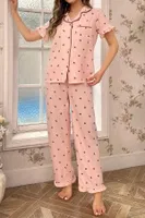 Kiraz Desenli Düğmeli Bebe Yaka Pijama Takımı Bella Notte 7035 Pembe görsel 4