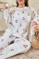 Kırık Beyaz Çiçek Desenli Pamuklu Pijama Takımı Bella Notte 7081 Kirik Beyaz