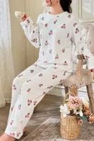Kırık Beyaz Çiçek Desenli Pamuklu Pijama Takımı Bella Notte 7081 Kirik Beyaz detay görünüm