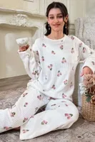 Kırık Beyaz Çiçek Desenli Pamuklu Pijama Takımı Bella Notte 7081 Kirik Beyaz farklı açı