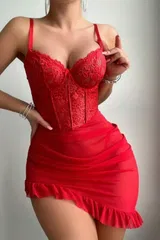 Kırmızı Asimetrik Kesim Fırfırlı Gecelik Bella Notte 15621