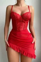 Kırmızı Asimetrik Kesim Fırfırlı Gecelik Bella Notte 15621 Kırmızı detay görünüm