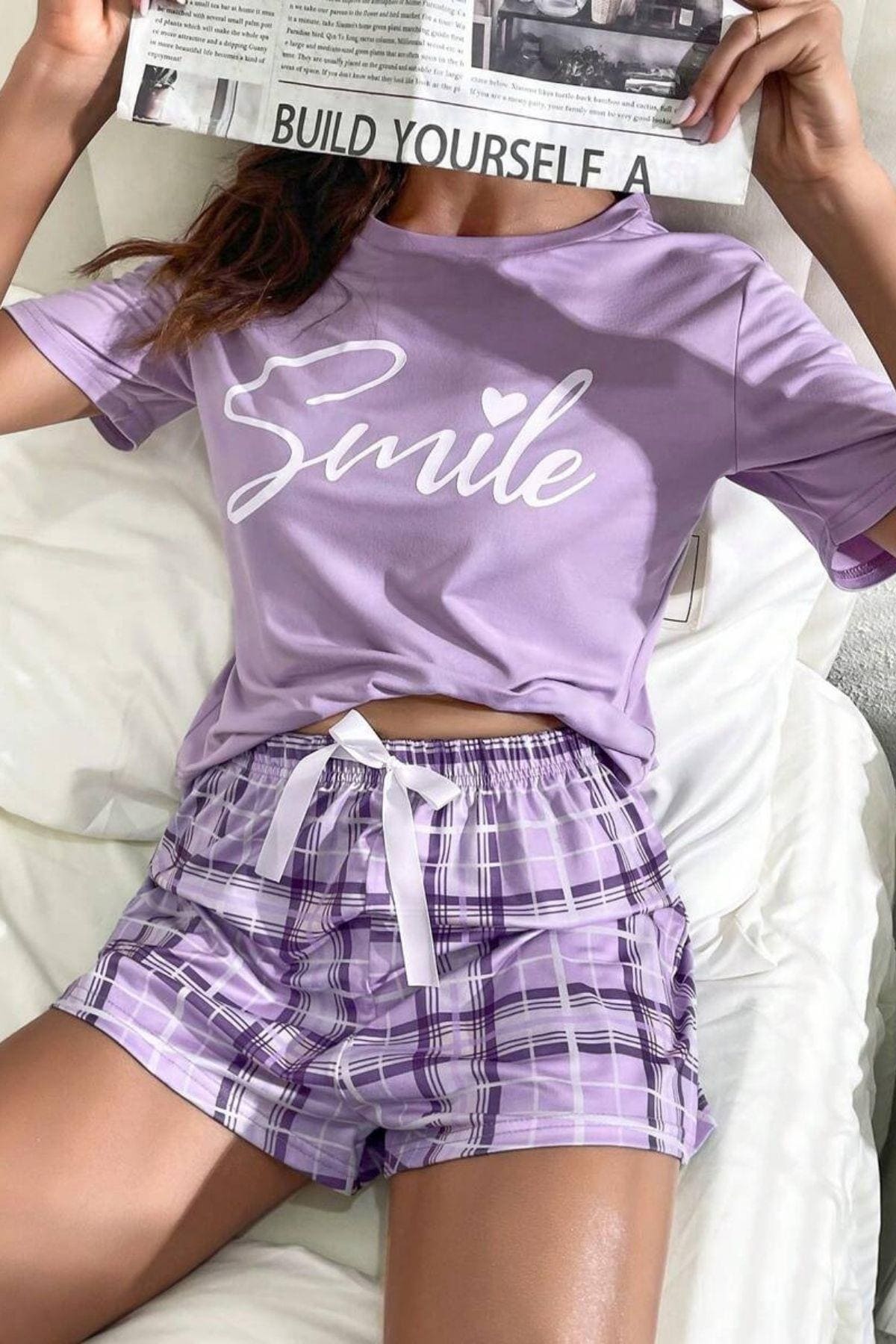 Lila Ekoseli Şort Takım Bella Notte 7530