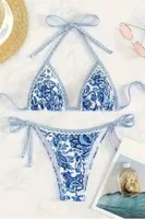 Bella Notte Mavi Desenli Üçgen Bikini Set M-9003 Mavi