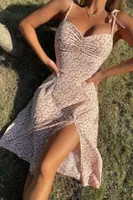 Pembe Bahar Yırtmaçlı Elbise Bella Notte E-5501 Pembe görsel 4