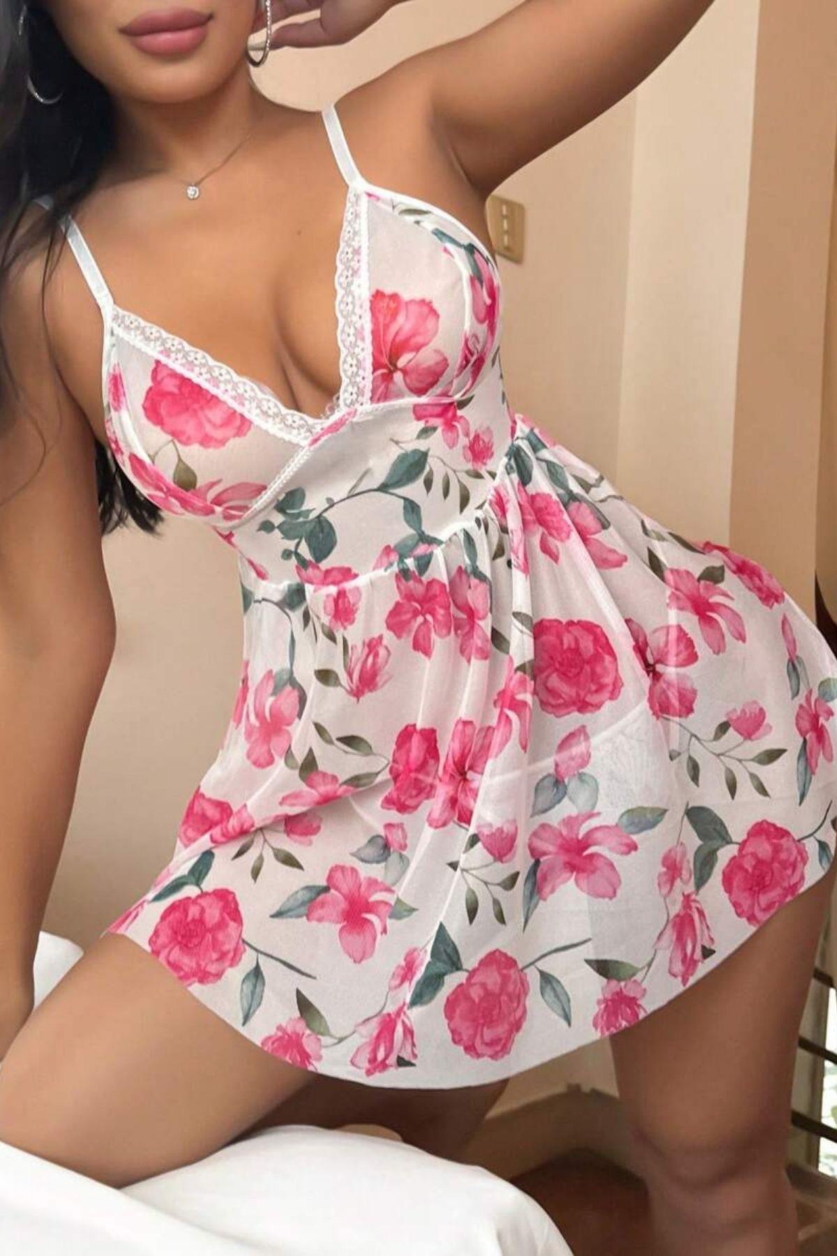 Pembe Çiçek Desenli Dantel Detaylı Bella Notte Gecelik 15706