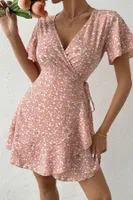 Kısa Kollu Anvelop Mini Kadın Elbise Bella Notte 5503 Pembe detay görünüm