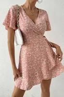 Kısa Kollu Anvelop Mini Kadın Elbise Bella Notte 5503 Pembe farklı açı