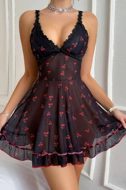 Bella Notte Siyah Kiraz Baskılı Transparan Akılı Gecelik Bella Notte 15901 - Alternatif Görünüm