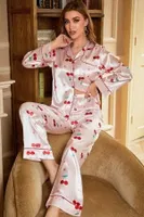 Kiraz Desenli Saten Toz Pembe Pijama Takımı Bella Notte 7065 Pembe farklı açı