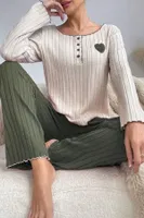 Yeşil Pamuklu Kalp Detaylı Pijama Takımı Bella Notte 7089 Yeşil detay görünüm