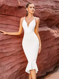 Pink Night Beyaz Askılı Dekolteli Uzun Seksi Elbise Pink Night 5502