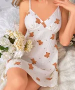 Beyaz Ayıcıklı Asklı Mini Penye Gecelik Lily Bianca 13003 Beyaz detay görünüm