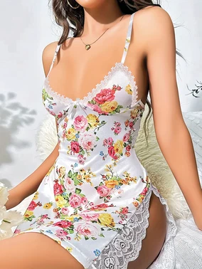 Pink Night Beyaz Dantelli Çiçekli Erotik Gecelik Pink Night 3714