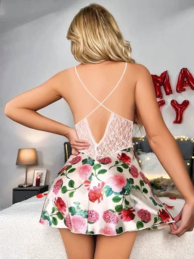 Pink Night Beyaz Güllü Dantelli Saten Şort Gecelik Pink Night 3708 - Alternatif Görünüm