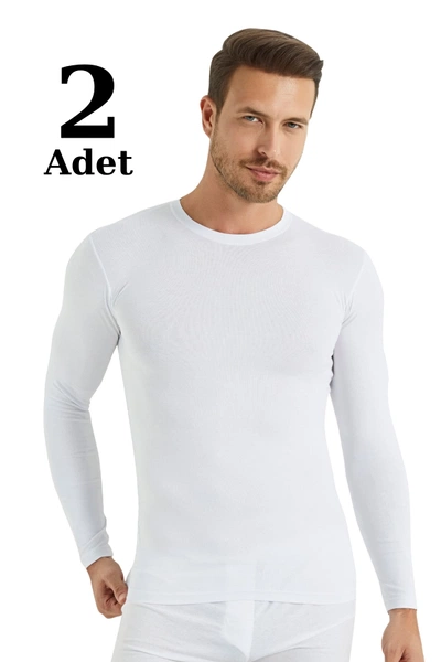 Beyaz Regular Fit Bisiklet Yaka Uzun Kollu Erkek Tişört Arma Yıldız 1189 - 2 ADET