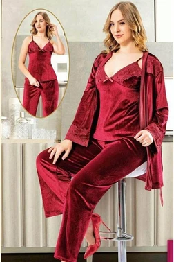XSES Bordo 3Lü Kadife Sabahlık Pijama Takımı XSES 5100