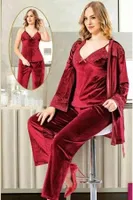 Bordo 3Lü Kadife Sabahlık Pijama Takımı XSES 5100 Bordo