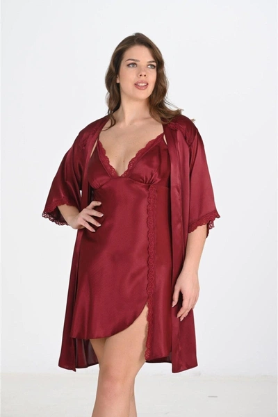 Bordo Büyük Beden 2li Sabahlık Gecelik Takımı Bigsize Ahu 6202