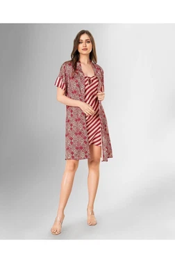 Ahu Lingerie Bordo Çizgili Sabahlık Çezgili Takımı Ahu Loriva 1842