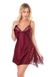 Ahu Lingerie Bordo Dantelli Kısa Saten Gecelik Ahu Primoda 8138