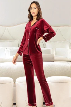 XSES Bordo Kadife Gömlek Yaka Düğmeli Lohusa Pijama Takımı XSES 5500