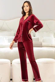 XSES Bordo Kadife Gömlek Yaka Düğmeli Lohusa Pijama Takımı XSES 5500