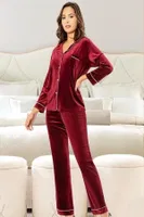 Bordo Kadife Gömlek Yaka Düğmeli Lohusa Pijama Takımı XSES 5500 Bordo