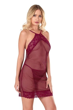 Ahu Lingerie Bordo Kısa File Tül Gecelik Ahu Primoda 8132 - Alternatif Görünüm