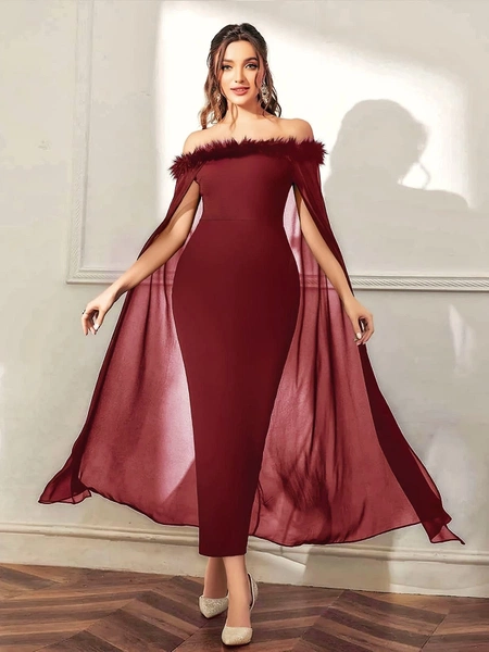 Bordo Peluş Degajeli Pelerinli Seksi Uzun Elbise Pink Night 5546