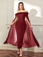 Bordo Peluş Degajeli Pelerinli Seksi Uzun Elbise Pink Night 5546 Bordo