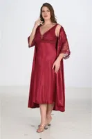 Bordo Sabahlık Gecelik 2li Takımı Bigsize Ahu Lingerie 6229 Bordo detay görünüm