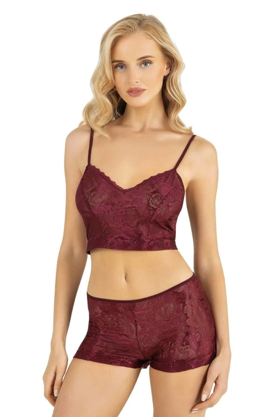 Bordo Saten Şort Takımı Ahu Primoda 9219