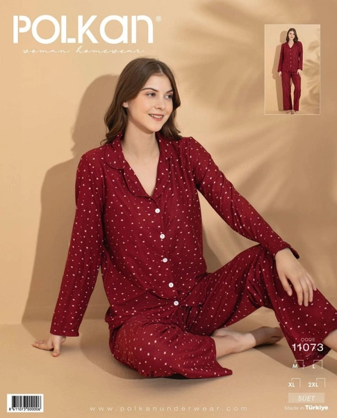 Bordo Yıldızlı Önden Düğmeli Uzun Kollu Süet Pijama Takım Polkan 11073