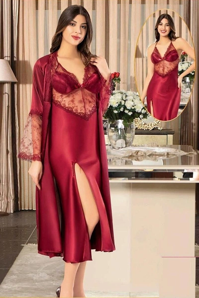 Bordo Yırtmaçlı Dantelli Saten İnce Askılı 2Li Gecelik Sabahlık Çeyiz Seti XSES 2110