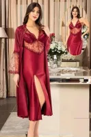 Bordo Yırtmaçlı Dantelli Saten İnce Askılı 2Li Gecelik Sabahlık Çeyiz Seti XSES 2110 Bordo