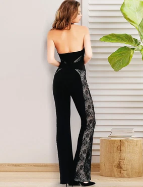 Pink Night Boyun Bağlı Transparan Danteli Seksi Kadın Tulum Siyah Pink Night 1304 - Alternatif Görünüm