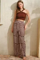 Boyundan Bağlamalı Çizgili Yazlık Uzun İp Detaylı Pijama Takımı Anıl 9815 Kahve