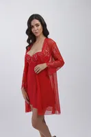 Tüllü Dantelli Gecelik Sabahlık 4'lü Set Büşra 4416 Kırmızı
